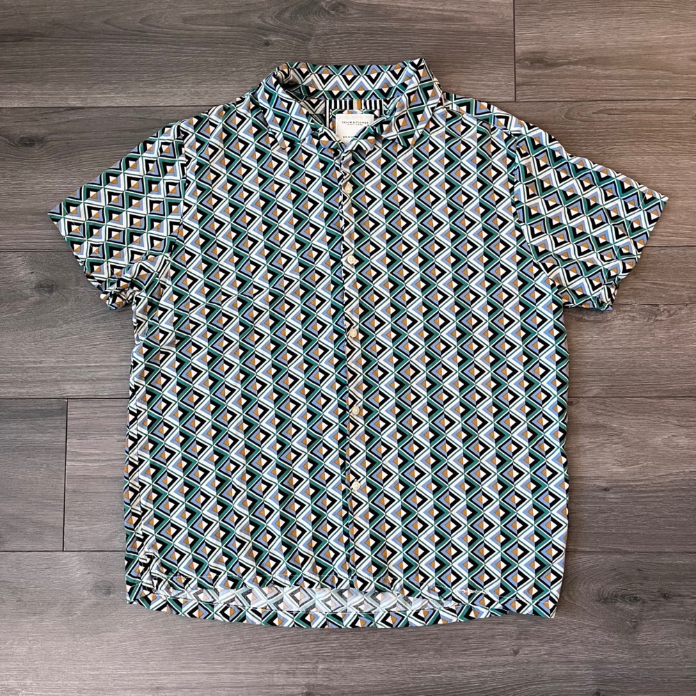 Denim & Flower Ricky Singh Mens XL Geometric Diamond Print Short Sleeve Shirt
